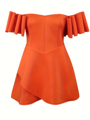 Women Orange Off-Shoulder Party Dress Ruched Mini Evening Gown