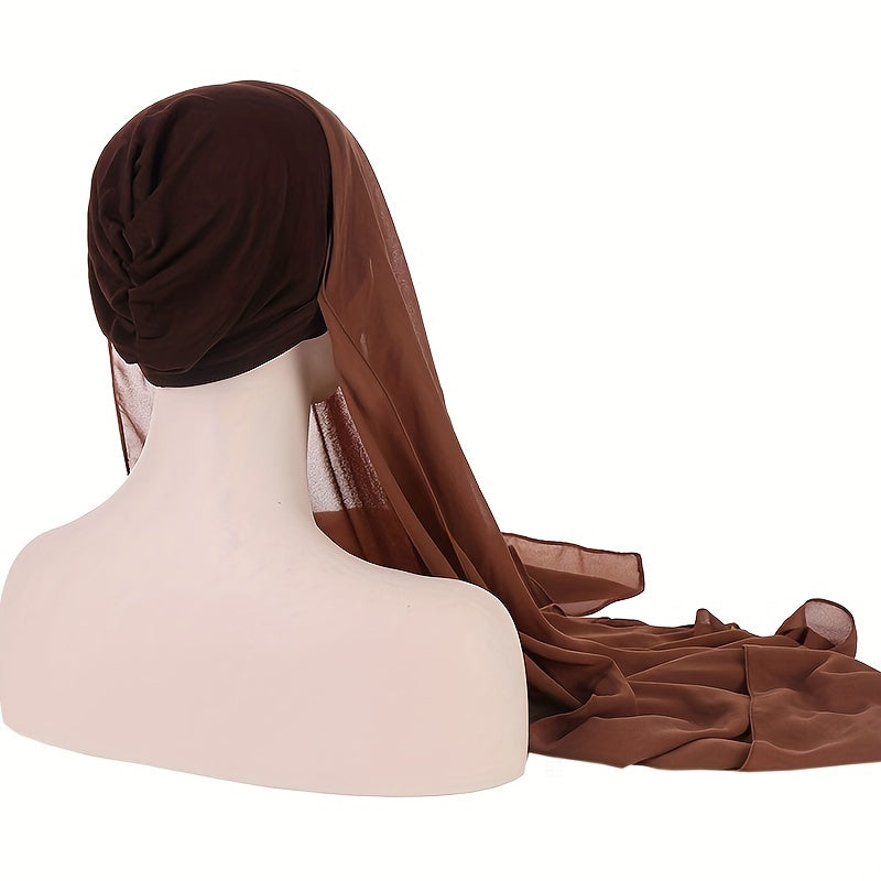 Ayollar uchun Chiffon Instant Hijab bir hil rangda, ostki qopqog' bilan va nafas oladigan elastik peshona bandi bilan quyoshdan himoyalanish uchun