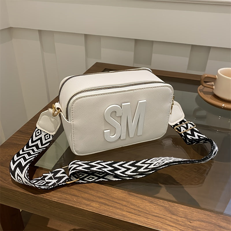 PU Crossbody Bag with Adjustable Wide Strap Zigzag Pattern in White Black Pink Light Brown