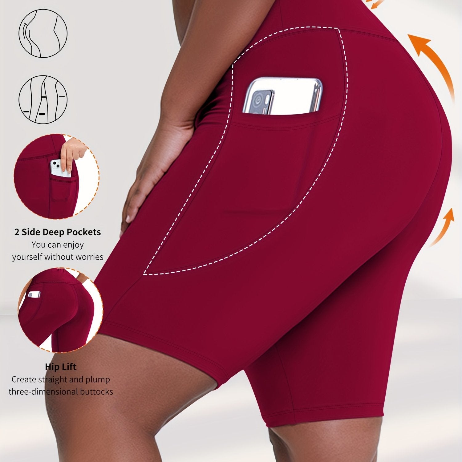 Plus Size Women's High Waist Shorts with Pockets, Stretchy Breathable Fabric