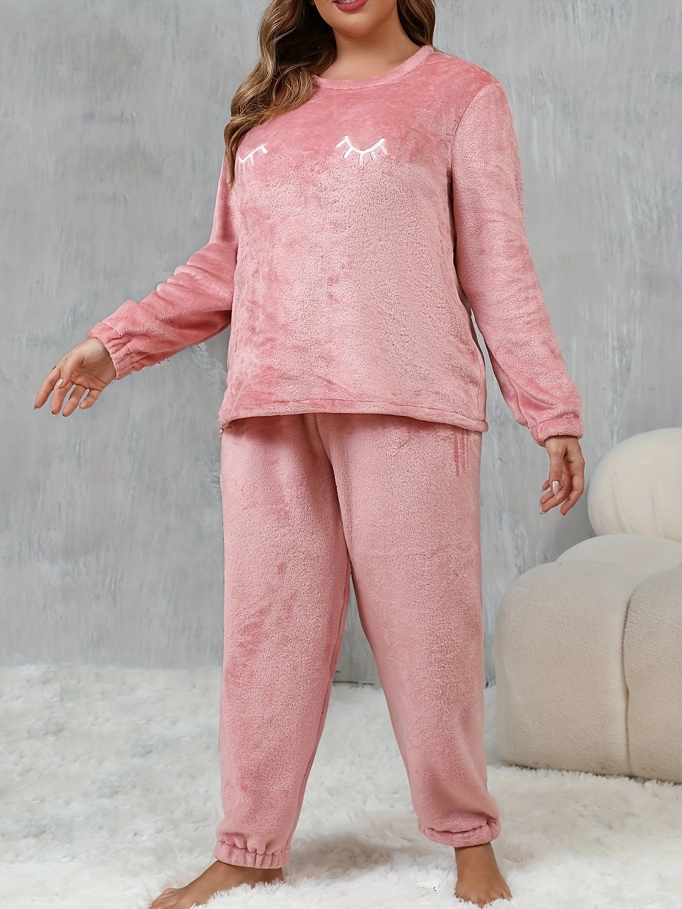 Plus Size Women's Flannel Pajama Set Long Sleeve Warm Lounge Set Fall Winter
