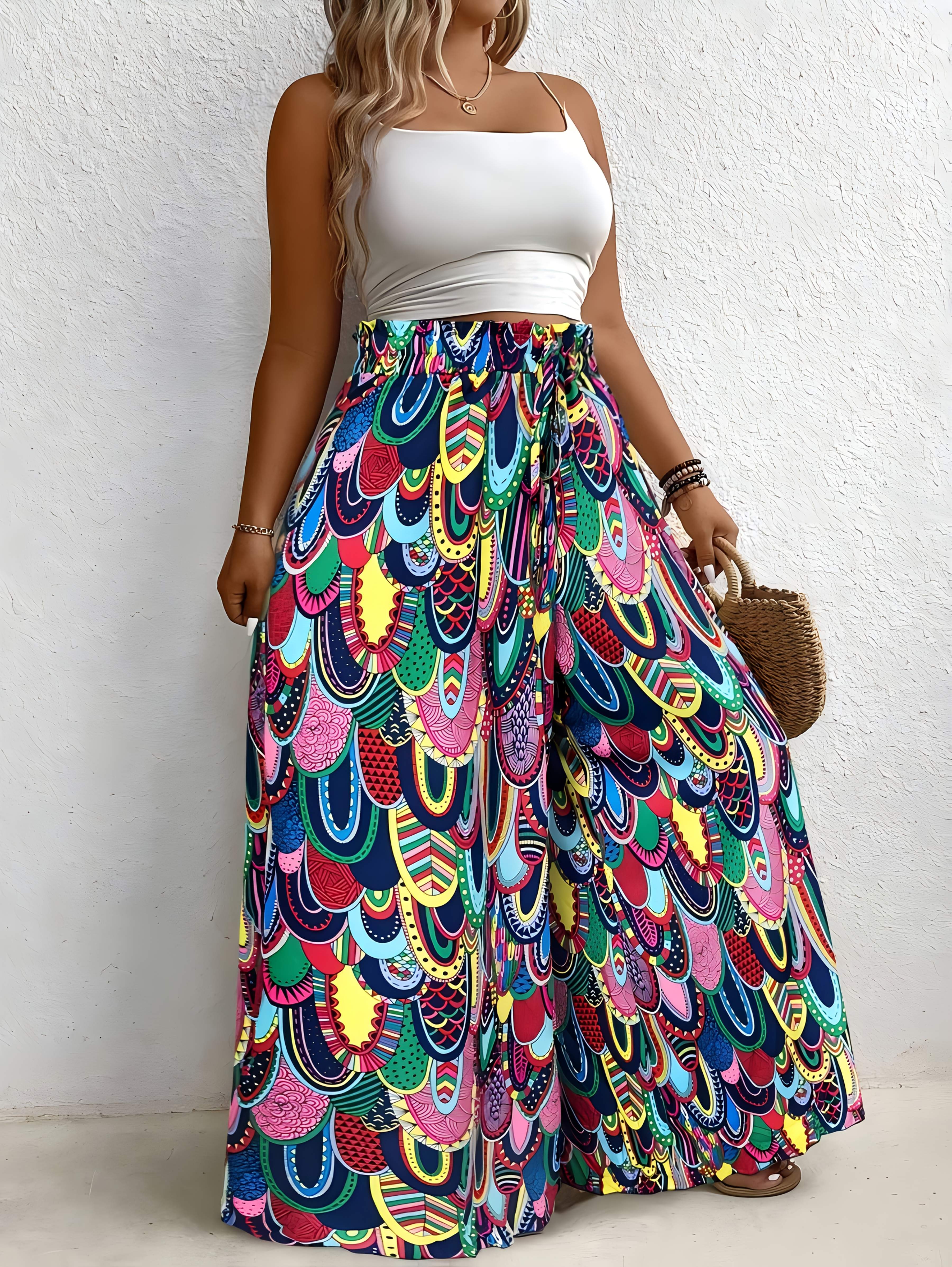 Plus Size Women's Tropical Print Wide-Leg Pants Elastic Waist Beach Vacation Non-Stretch Fabric