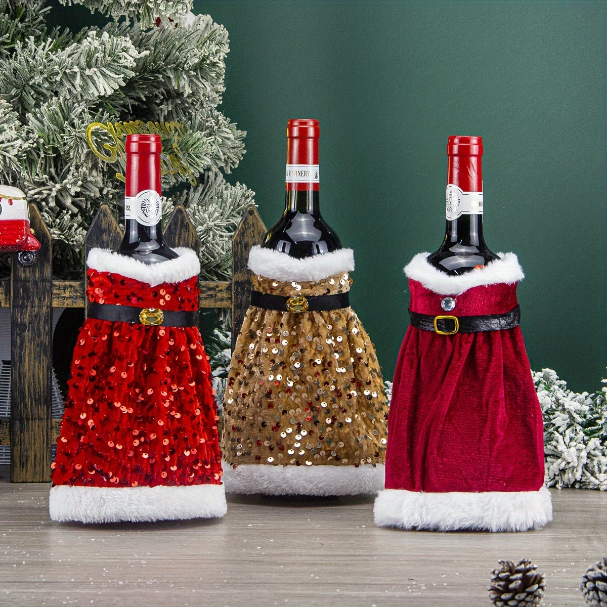 Set of 2 Festive Christmas Wine Bottle Covers with Sequined Attire Plush Hats Leak-Proof Sweater