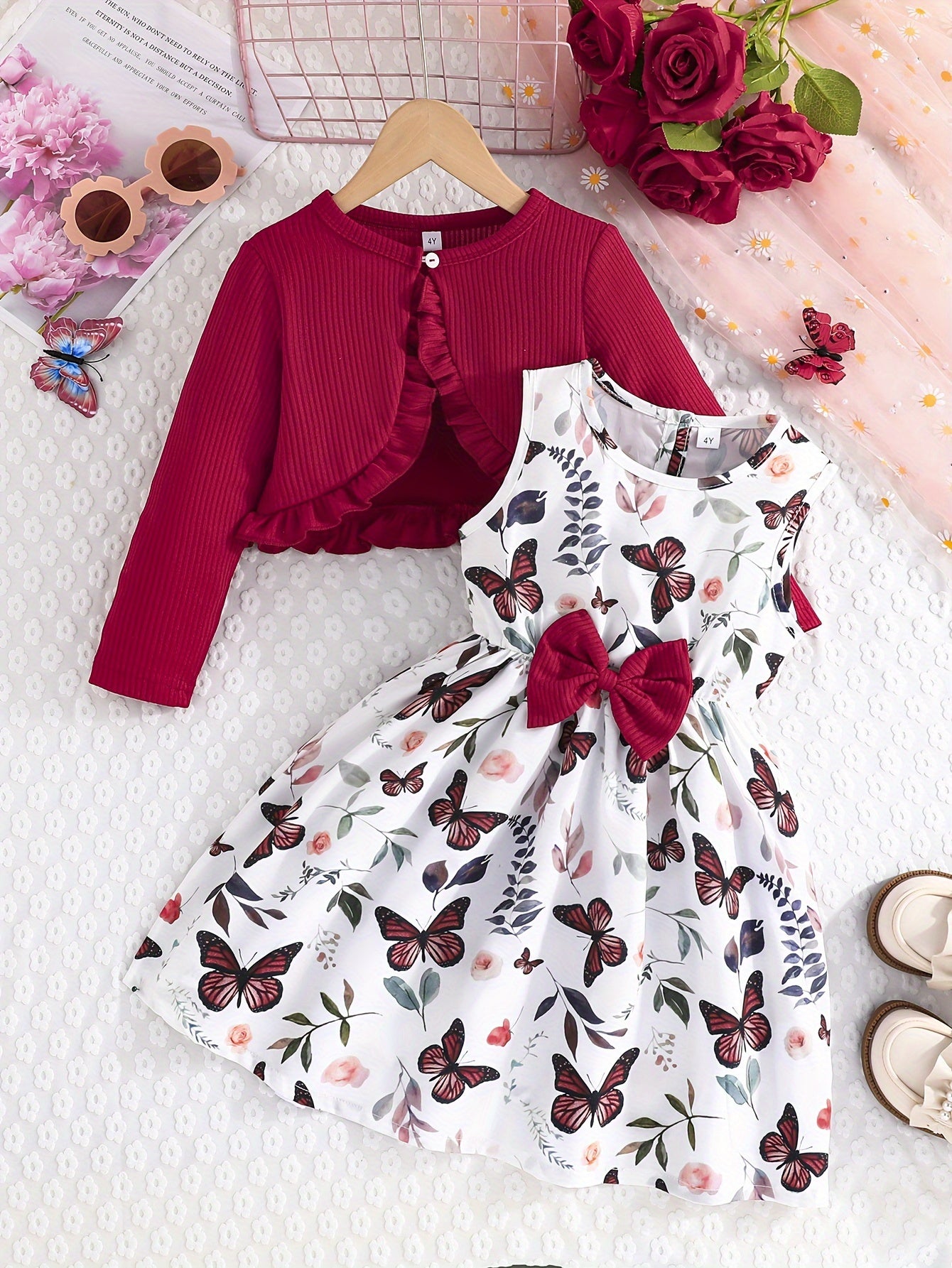 Girls Butterfly Print Casual Dress with Long-Sleeved Jacket for Spring Fall