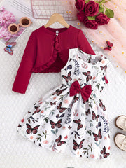Girls Butterfly Print Casual Dress with Long-Sleeved Jacket for Spring Fall