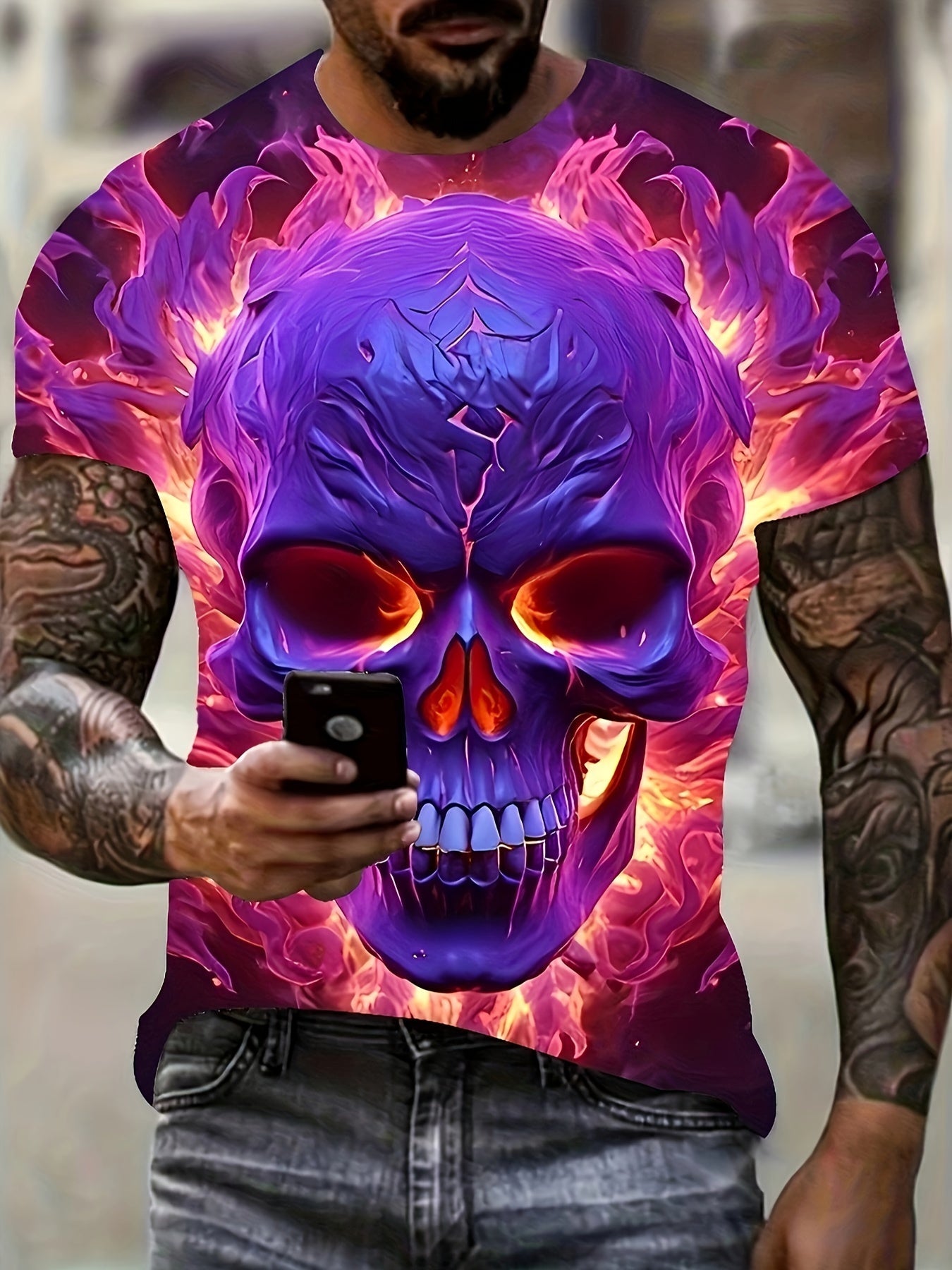 Men's Plus Size Glowing Skull Flame Graphic T-Shirt Vivid Purple Pink Summer Polyester