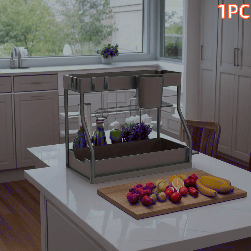 Kichik oshxonalarda moslashuvchan rack va idish-tovoq qutisi bilan stol usti va pol sinki tashkilotchisi