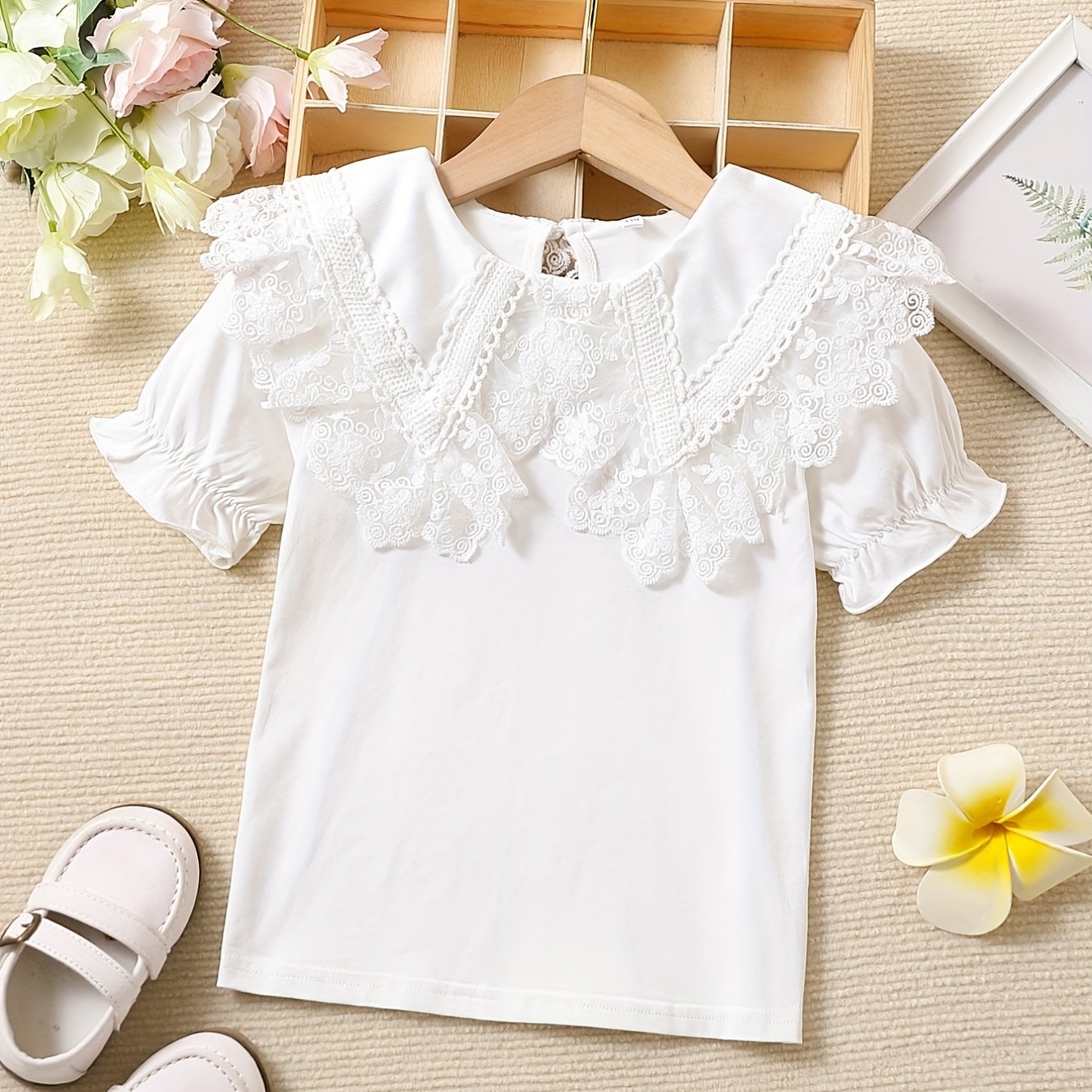 Girls' Cotton Knit Top with Lace Collar for Summer Breathable and Machine Washable