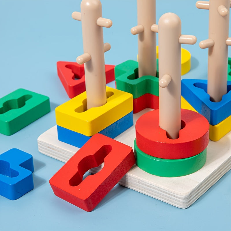 Educational Wooden Shape Sorter Puzzle for Cognitive Development with Stacking Rings and Blocks for 18M+