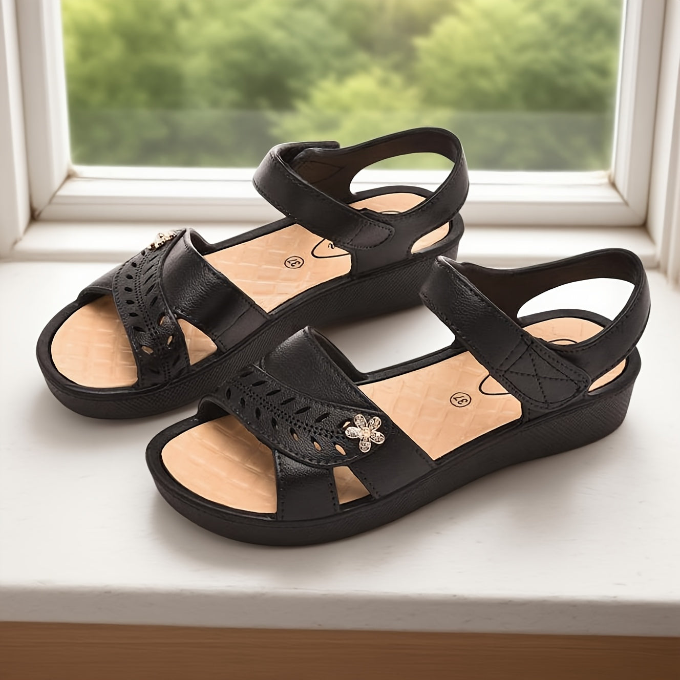 Women's Slip-On Cushioned Sandals Beige White Low Heel Platform Shoes