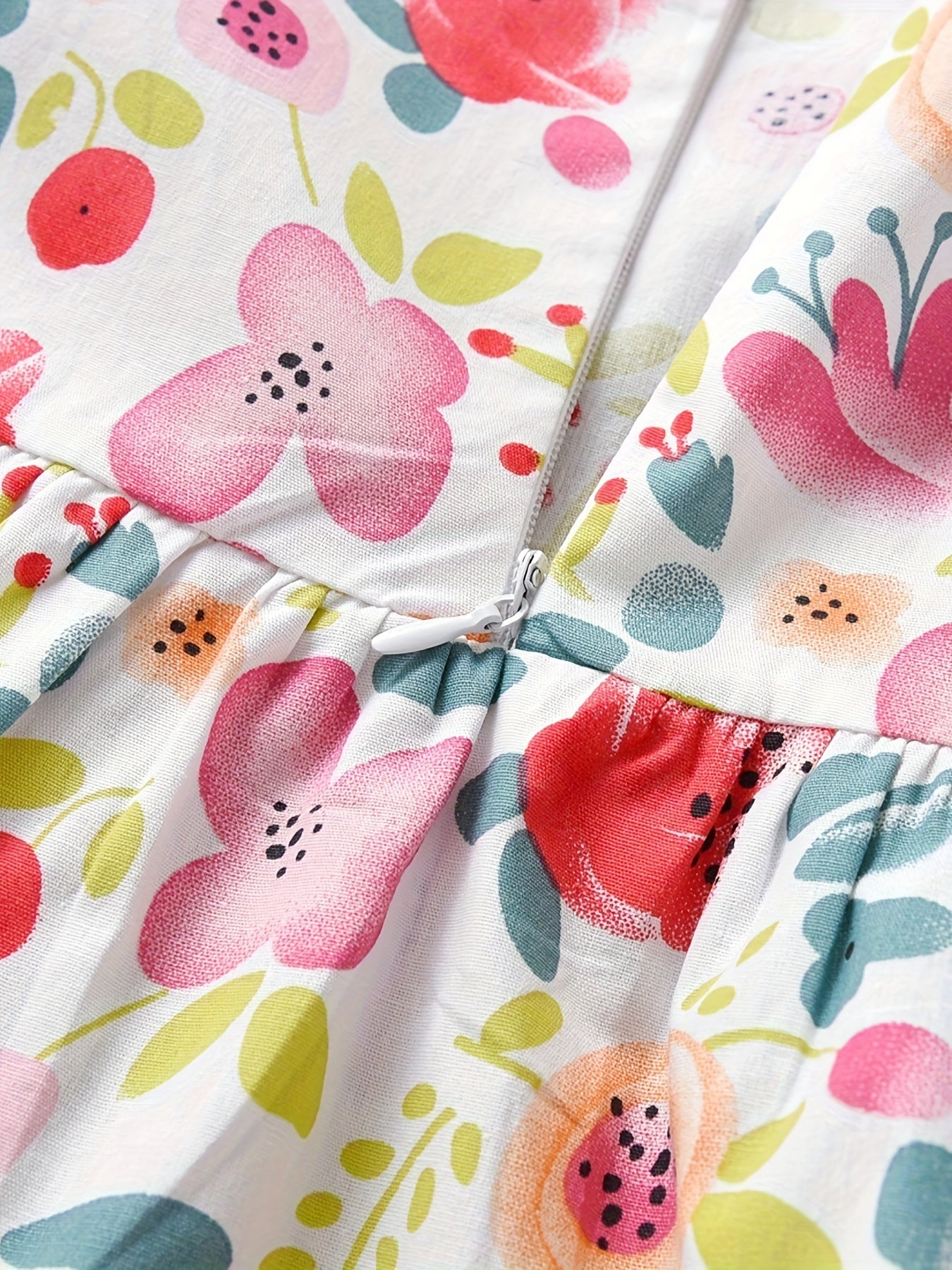 Girls Summer Dress with Floral Print and Puff Sleeves Knee High Casual Clothing