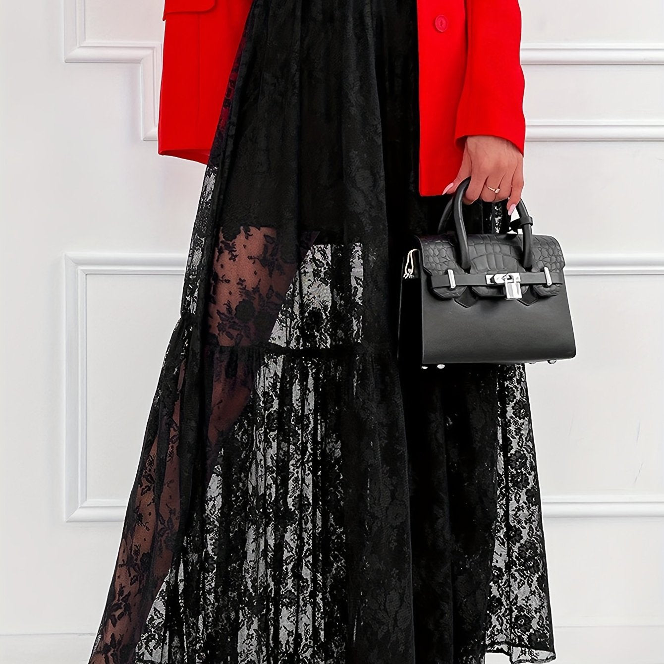 Plus Size Women's Lace Midi Dress Black Red Floral Lightweight Semi-Sheer Elegant Evening Formal