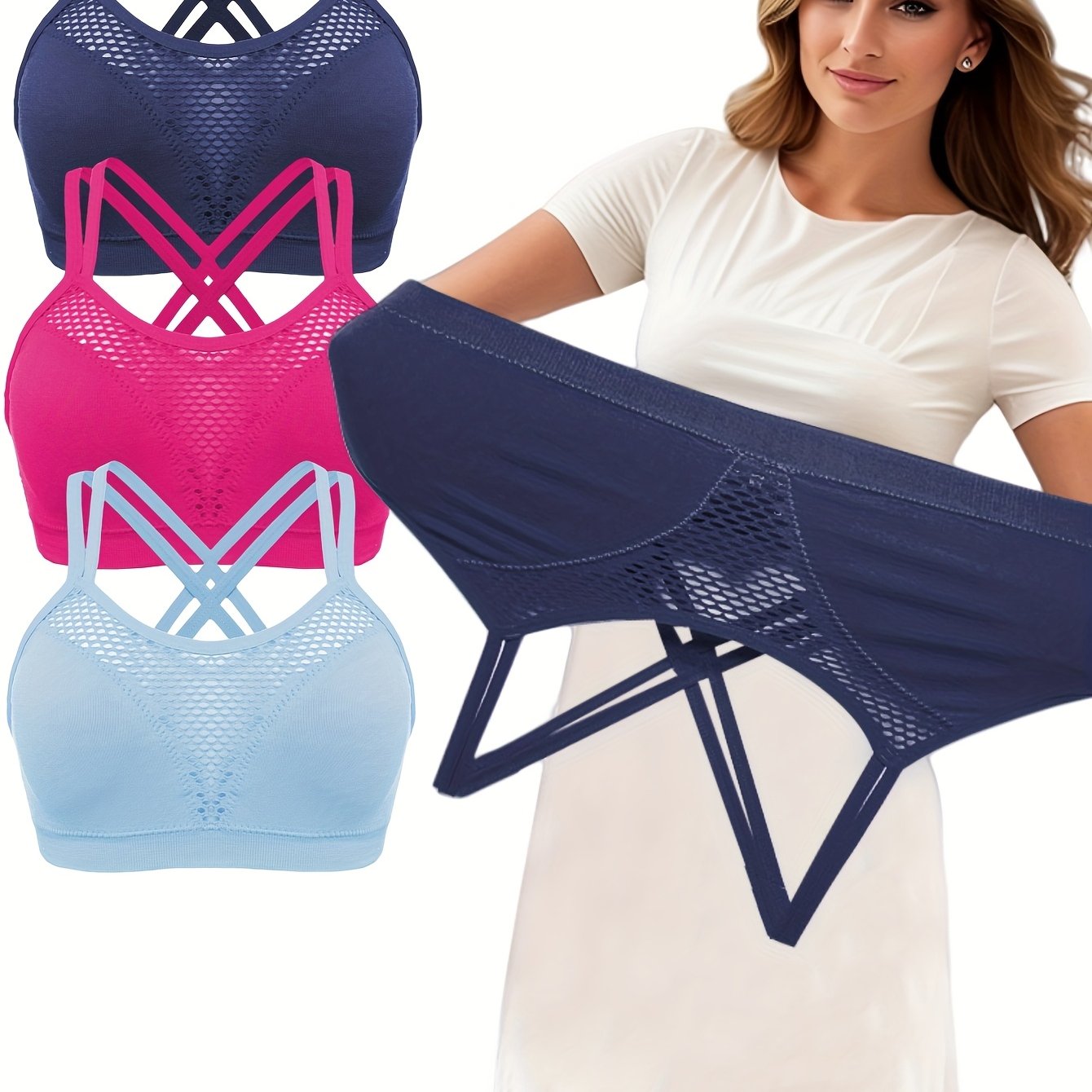 Women's Plus Size Seamless Wireless Sports Bra 3 Pack Breathable Hollow Design