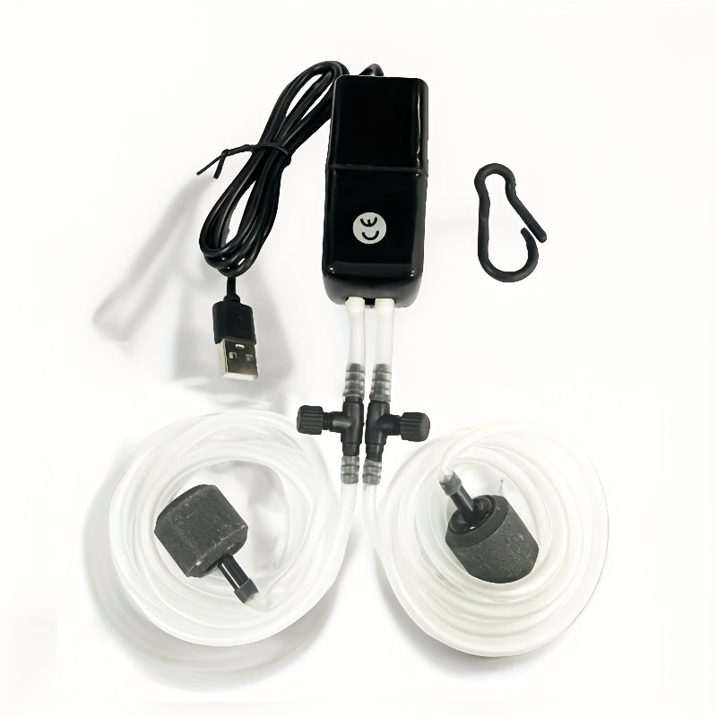 Compact USB Aquarium Air Pump with Adjustable Flow Valve and 2 Air Stones for Fish Tanks and Outdoor Use