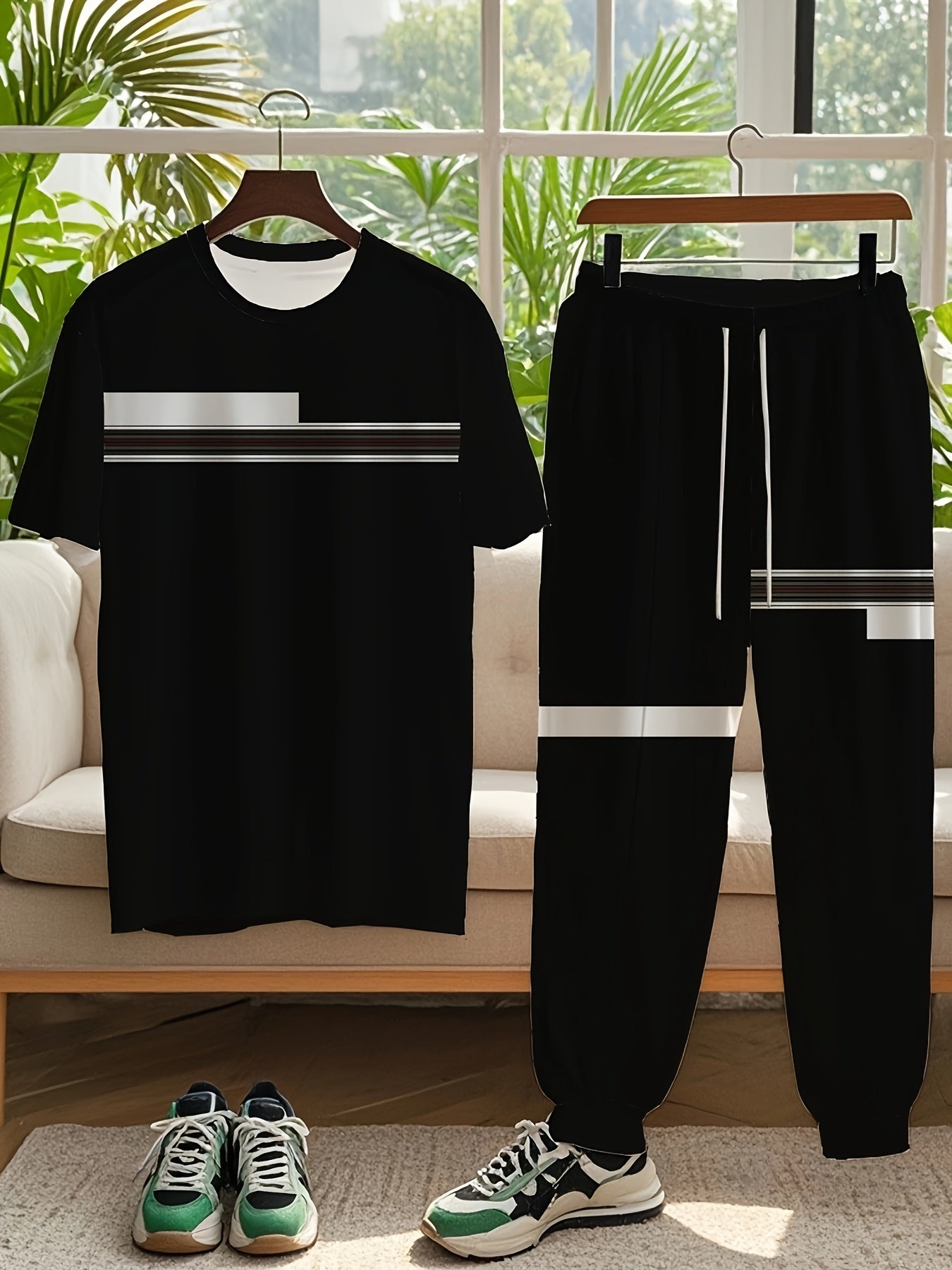 Men's Casual Outfit Polyester Color-Blocked Short-Sleeve T-Shirt and Drawstring Pants Plus Size