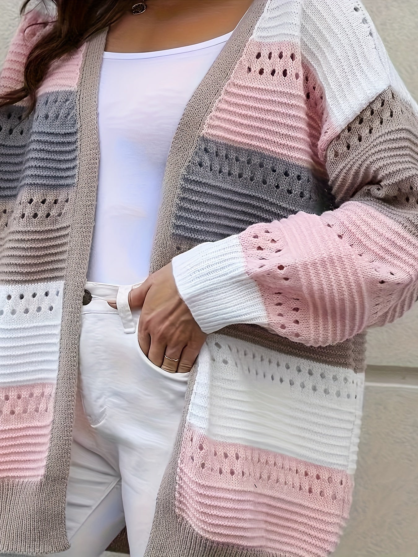 Plus Size Women's V-Neck Cardigan Breathable Lightweight Striped Spring Layering