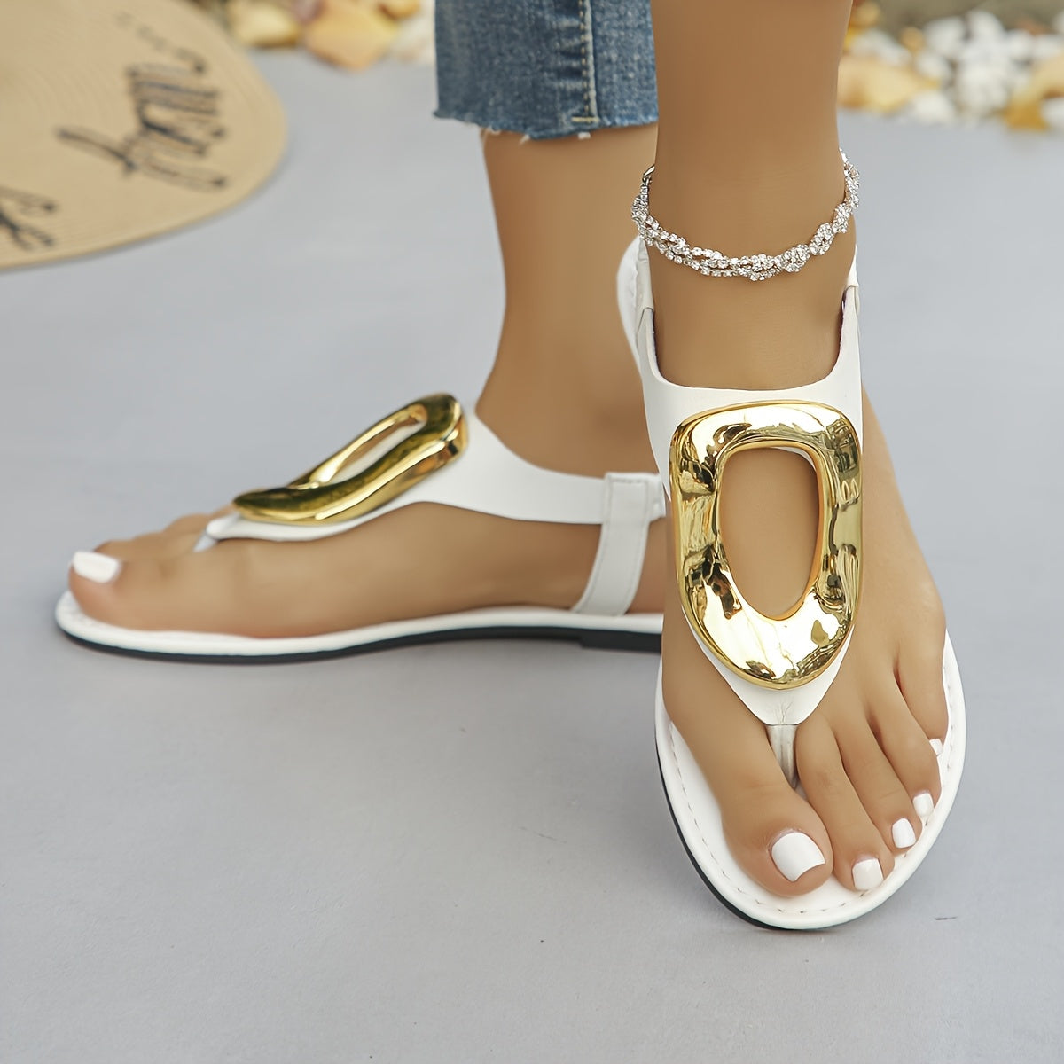 Women's Black and Gold Flat Sandals Open-Toe Metallic Adjustable Straps