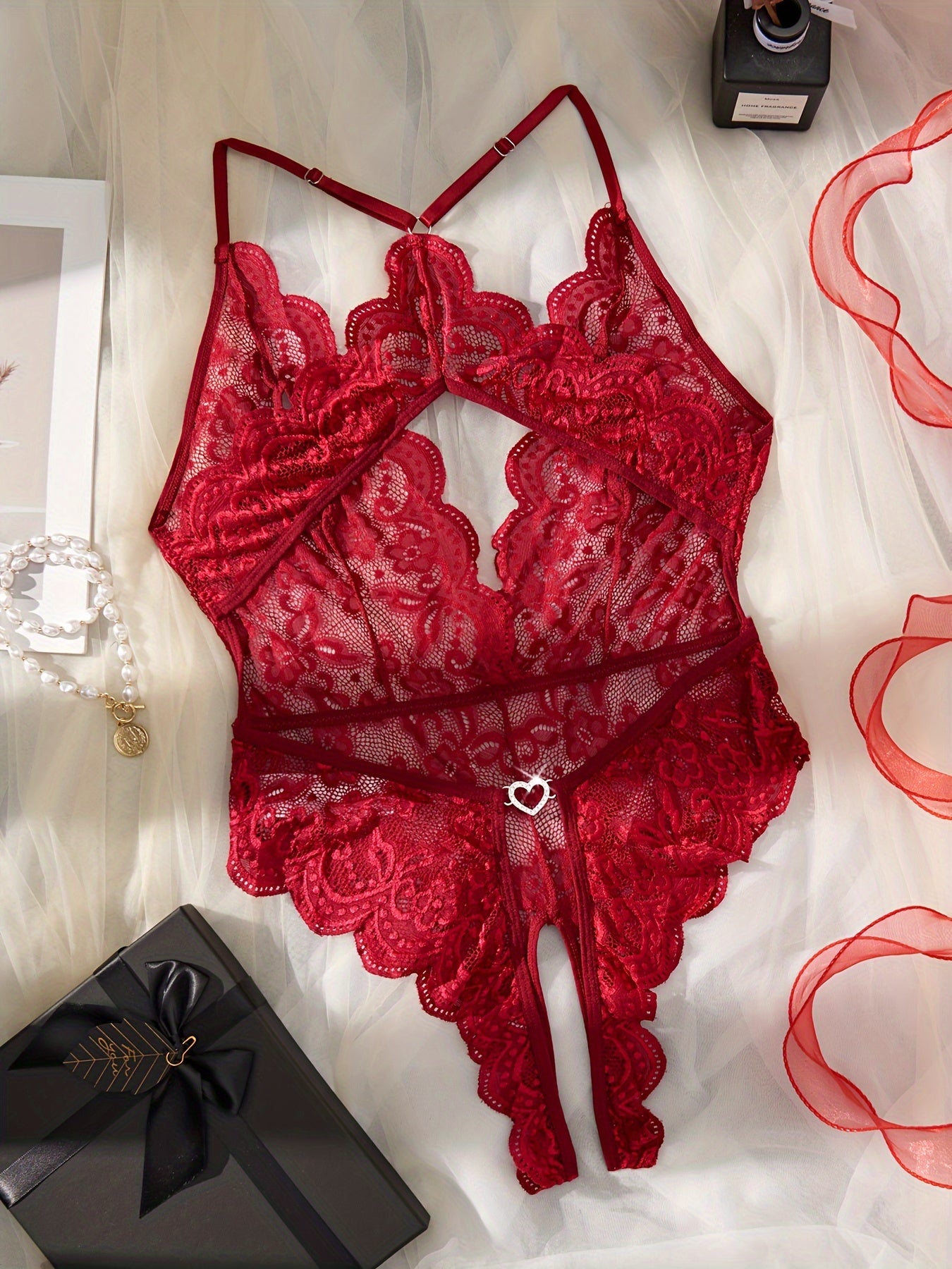 Women's Floral Lace Teddy and Mesh Bodysuit Lingerie Set