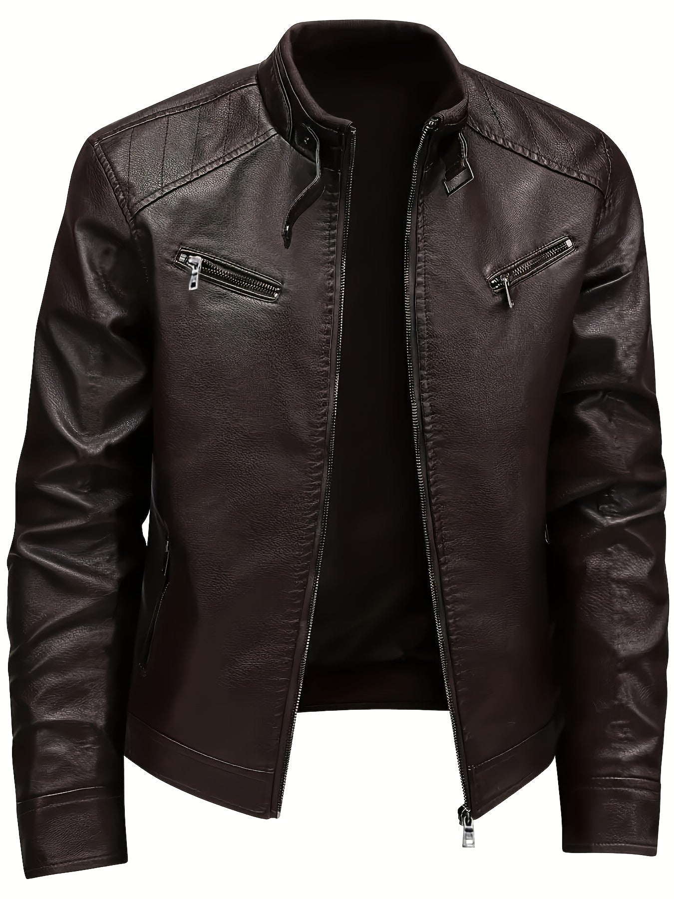 Men's PU Motorcycle Coat for Spring and Autumn with Zipper Stand Collar and Pockets
