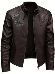 Men's PU Motorcycle Coat for Spring and Autumn with Zipper Stand Collar and Pockets