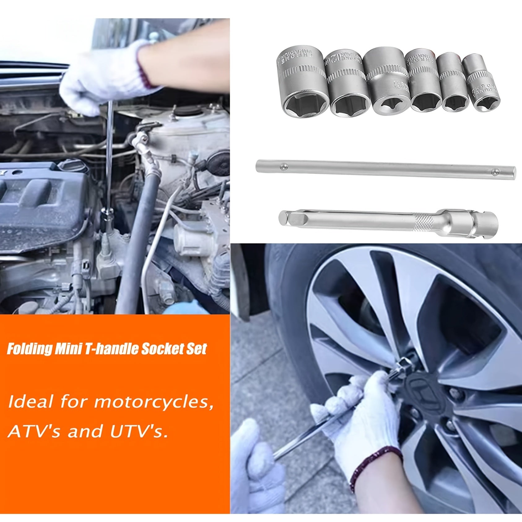 Mini T-Handle Folding Socket Set 1/4 Inch Drive Tool Kit for Motorcycle ATV UTV