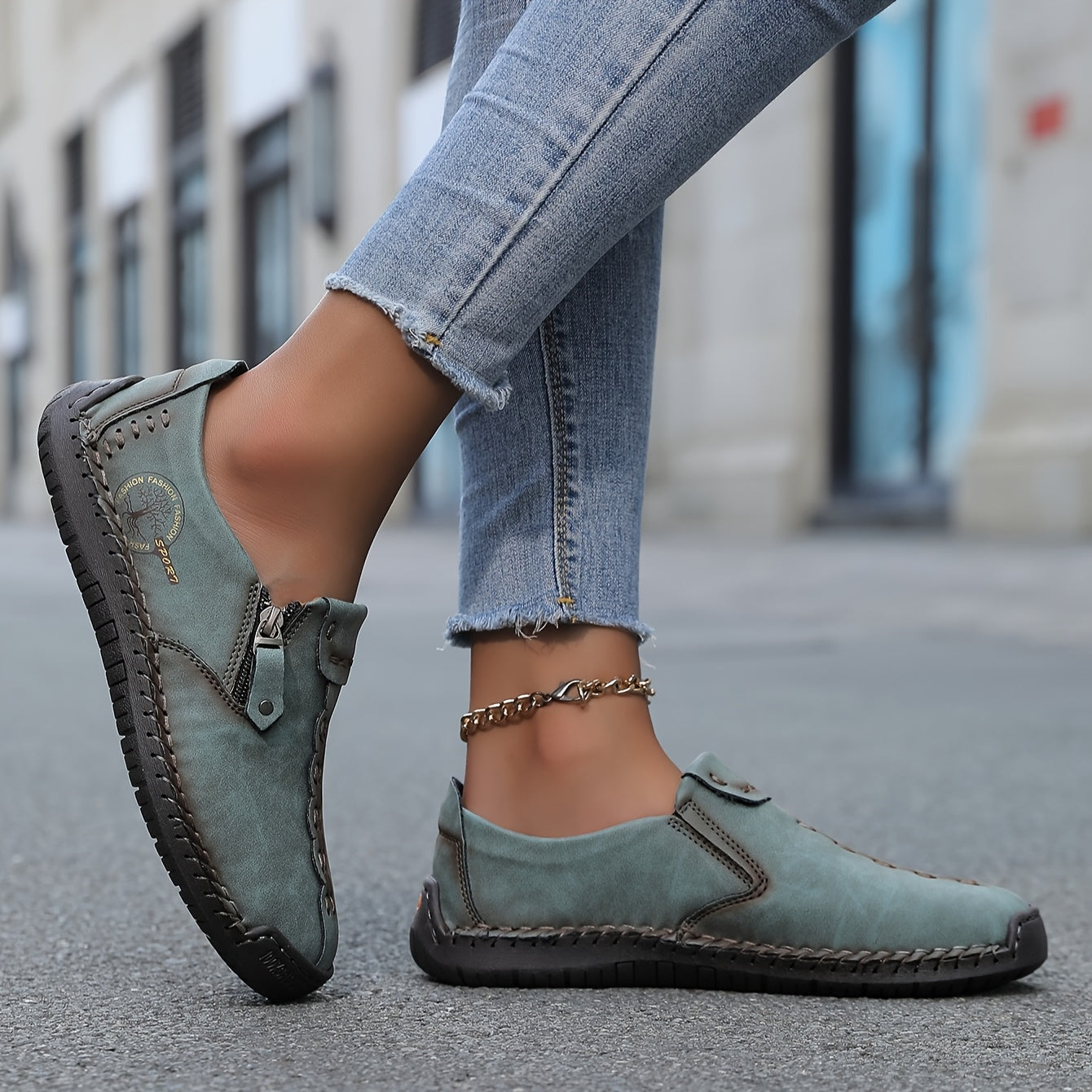 Women's Faux Leather Loafers with Elastic Panels Non-Slip Rubber Sole