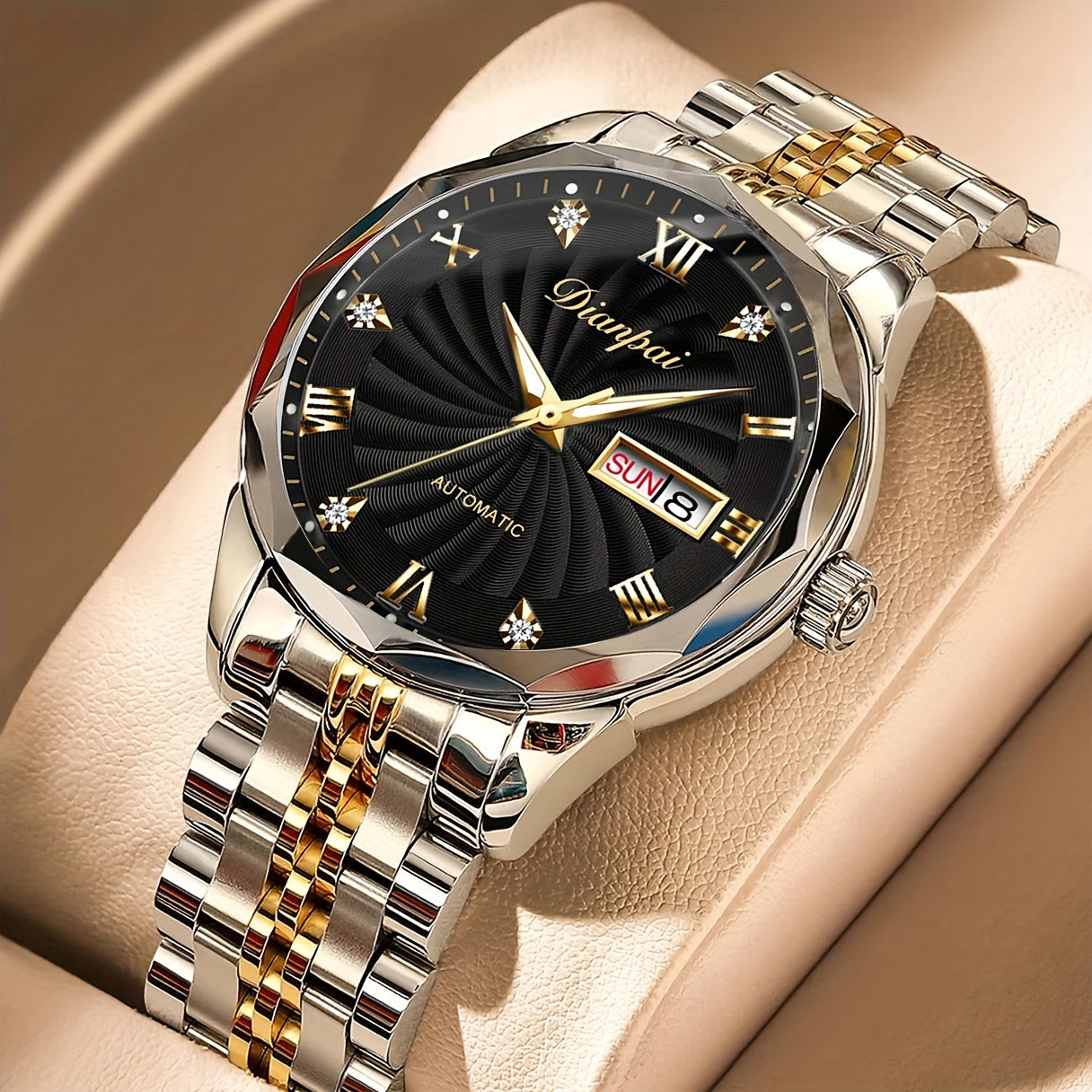 Men's Automatic Mechanical Watch Luminous Hands Gold Stainless Steel Waterproof Date Display