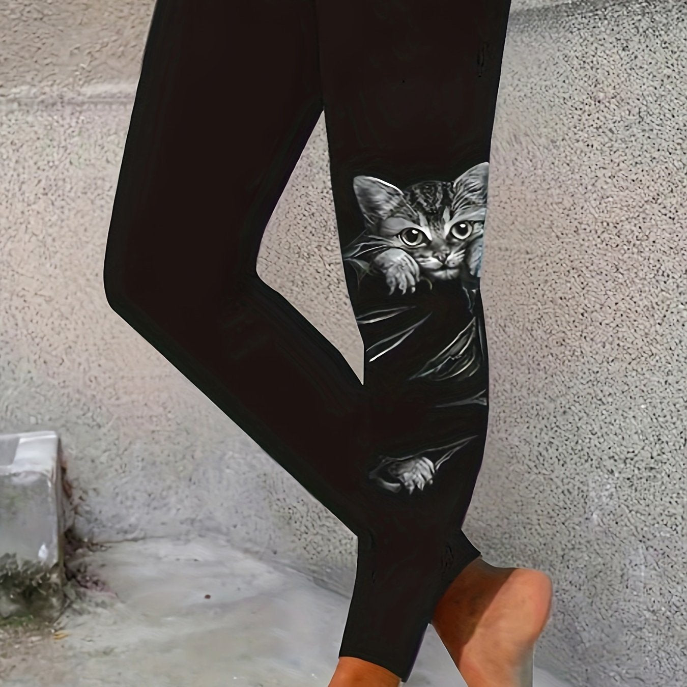 Leggings ajustados con estampado de gatos talla grande para mujer, pantalones casuales y elásticos