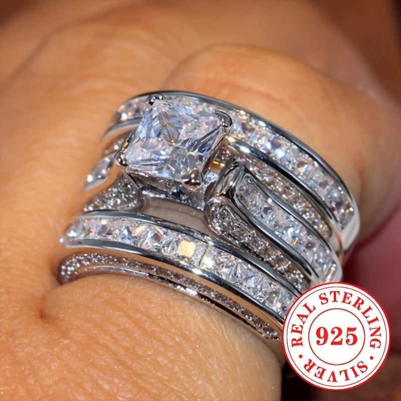 Set of 3 Sterling Silver Wedding Bands with Cubic Zirconia Princess Cut Stones