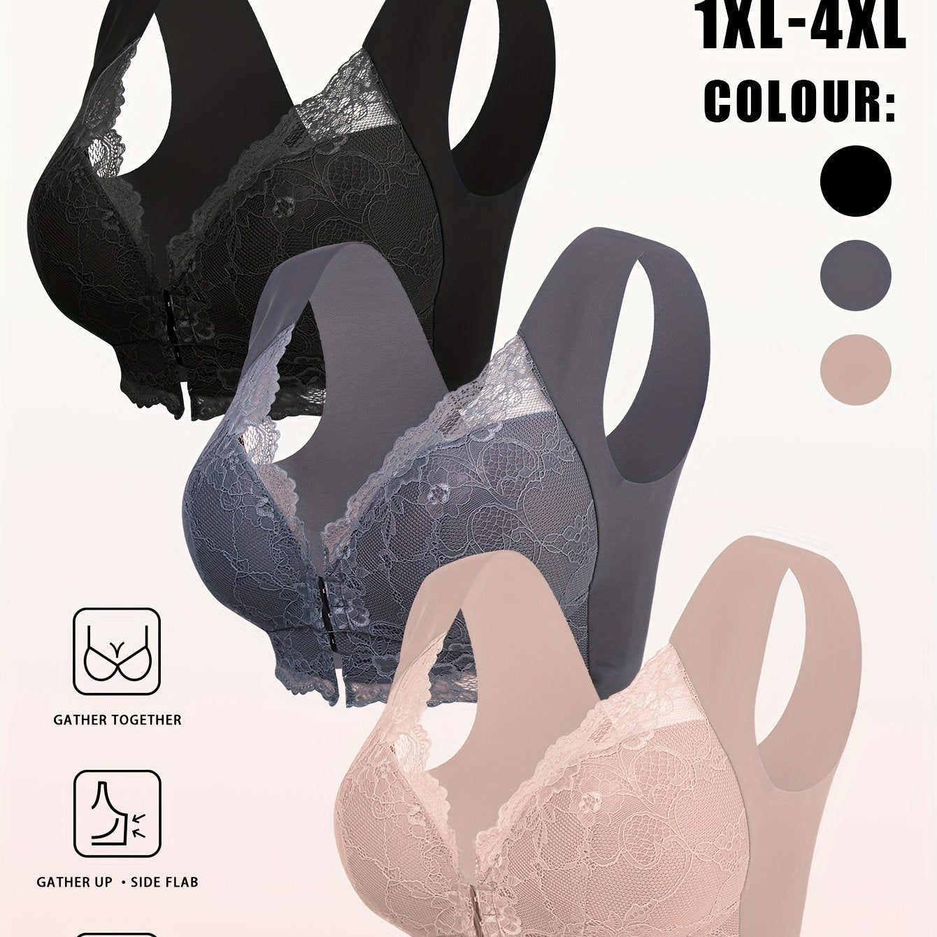 Plus Size Women’s Wire-Free Lace Bra with Wide Straps and Contrast Lace