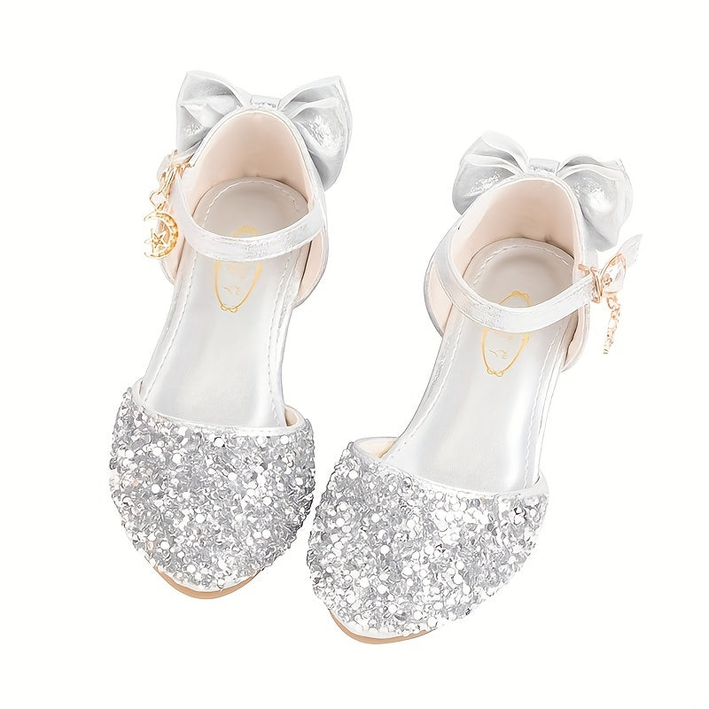 Girls' Children's Dress Shoes with Bow and Sequins, Silvery PU, Round Toe
