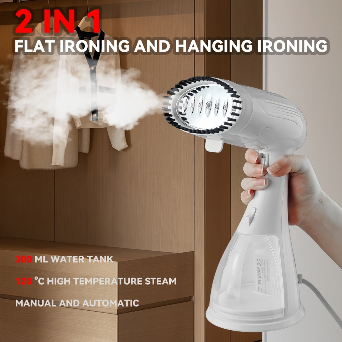 Plancha de vapor de mano 2 en 1 portátil con depósito de agua de 300 ml para viaje y hogar