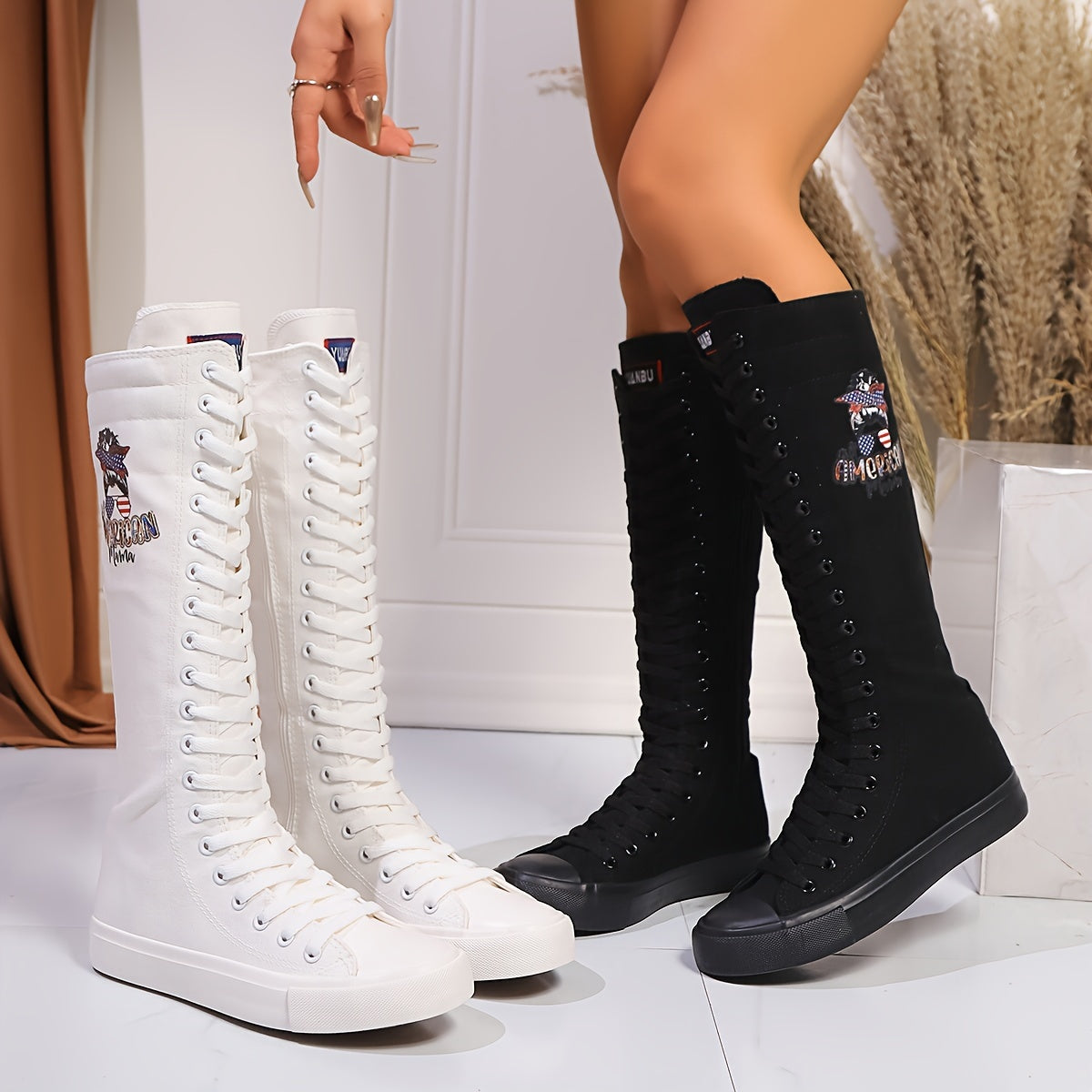 Women's Knee-High Boots Leather Flat Heel American Flag Motorcycle Print