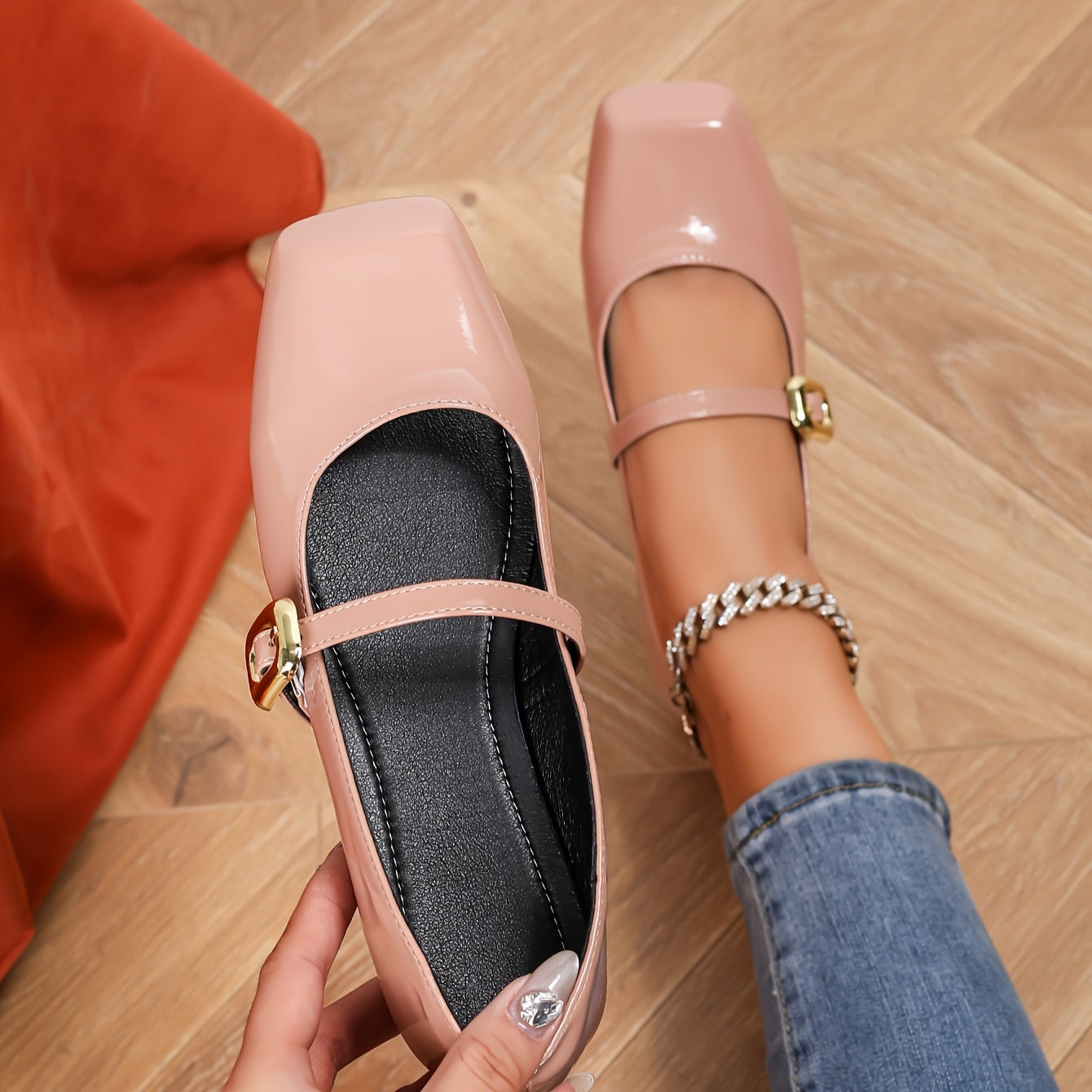 Women's Flat Shoes Mary Jane Square Toe Glitter Buckle Patent TPR Sole