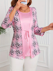 Plus Size Women's Faux Two-Piece Top Leopard Pink Layering Fall