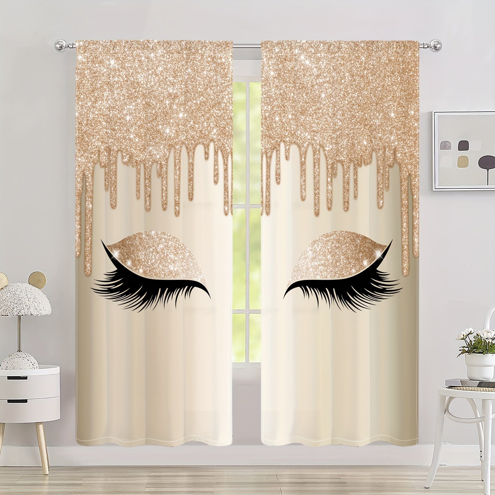 Set of Two Eyelash Printed Curtains, Rod Pocket Window Treatments for Bedroom and Living Room