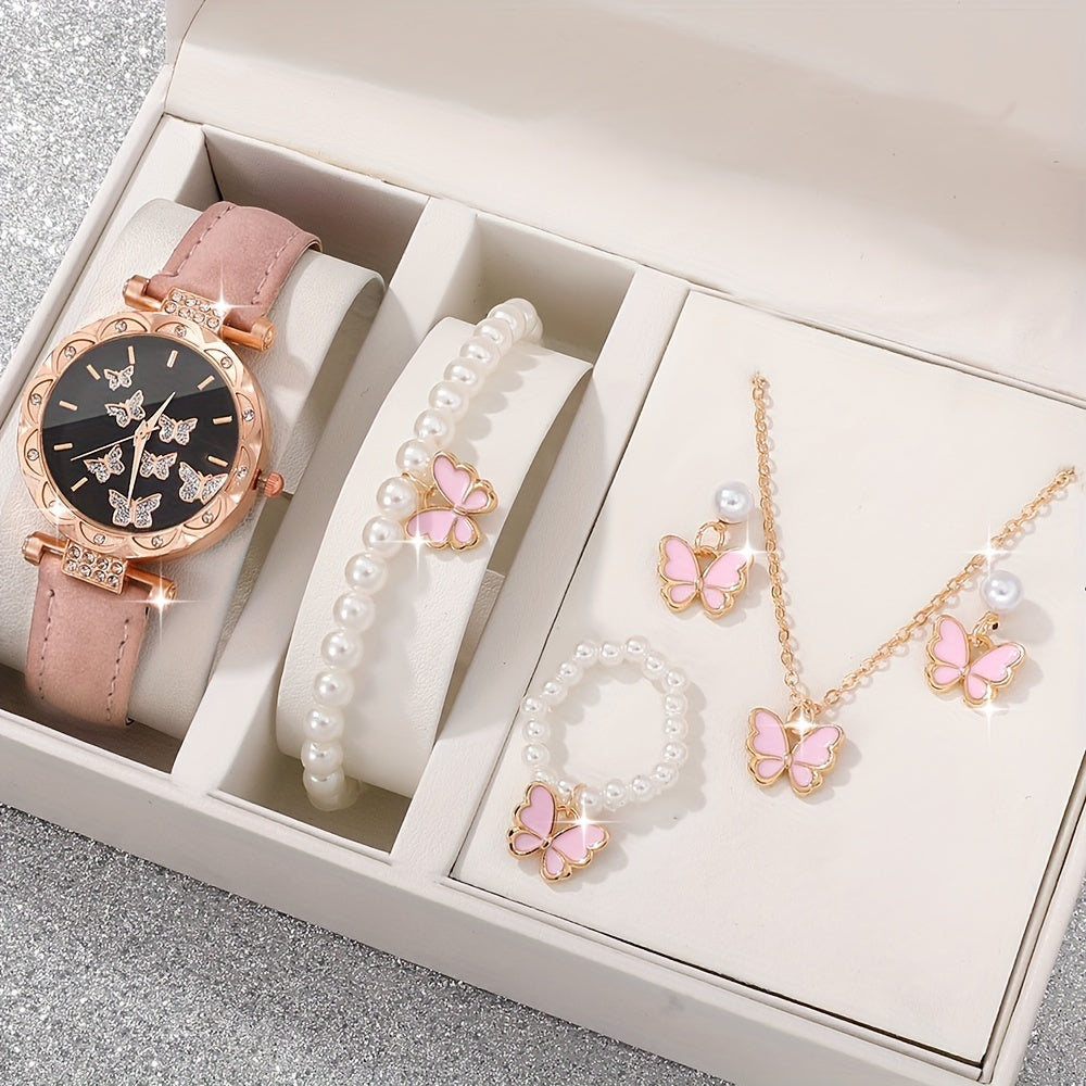 Set of 6 Women's Elegant Butterfly Rhinestone Quartz Watches with Leather Bands and Jewelry