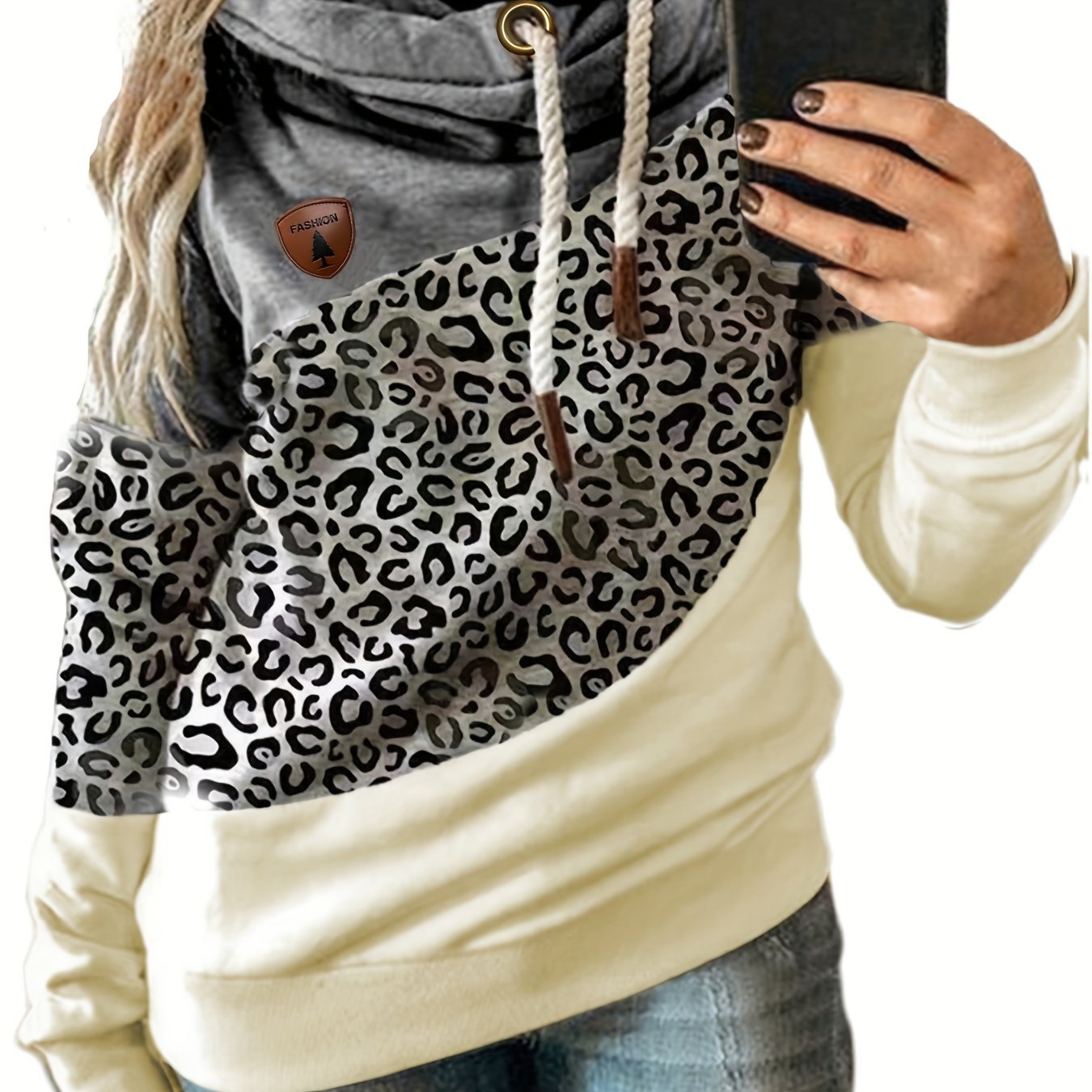Plus Size Women's Colorblock Leopard Print Hoodie Long Sleeve Sweatshirt