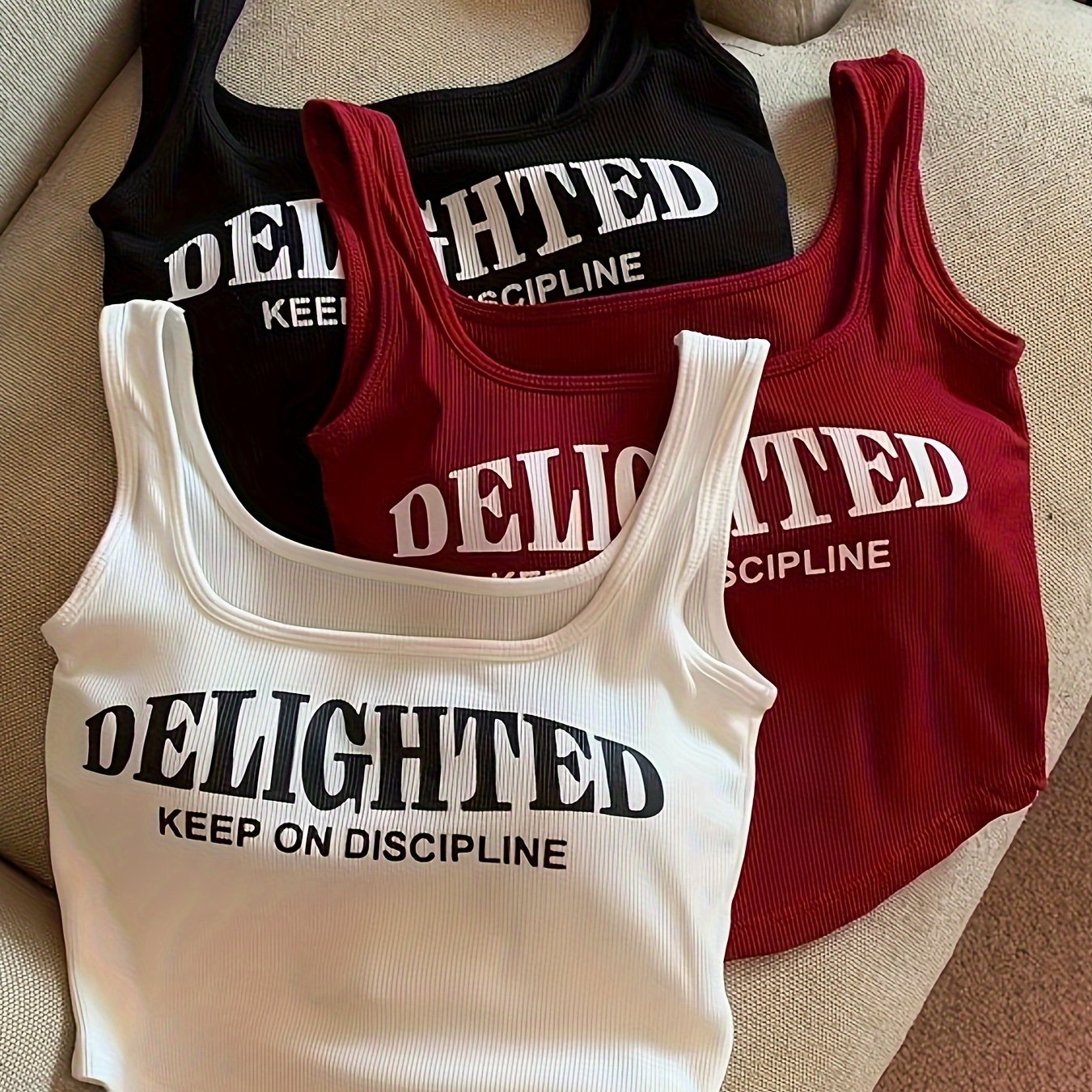 Women's 3-Pack Crop Tank Tops with Built-In Pads and Alphabet Print for Teens