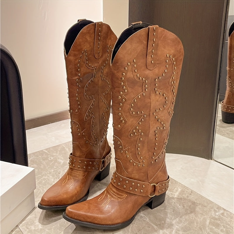 Женские западные ковбойские сапоги с заостренным носком, средней каблук, искусственная кожа, резиновая подошва