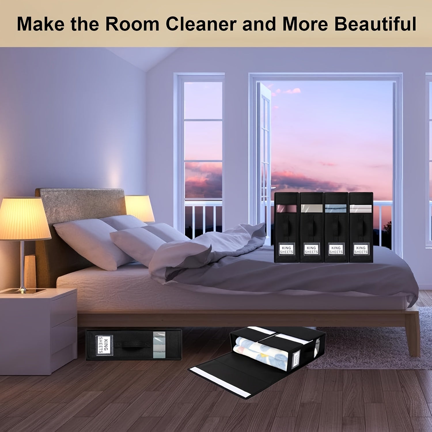 Black King Size Bed Sheet Organizer with Handle for Linen Closet