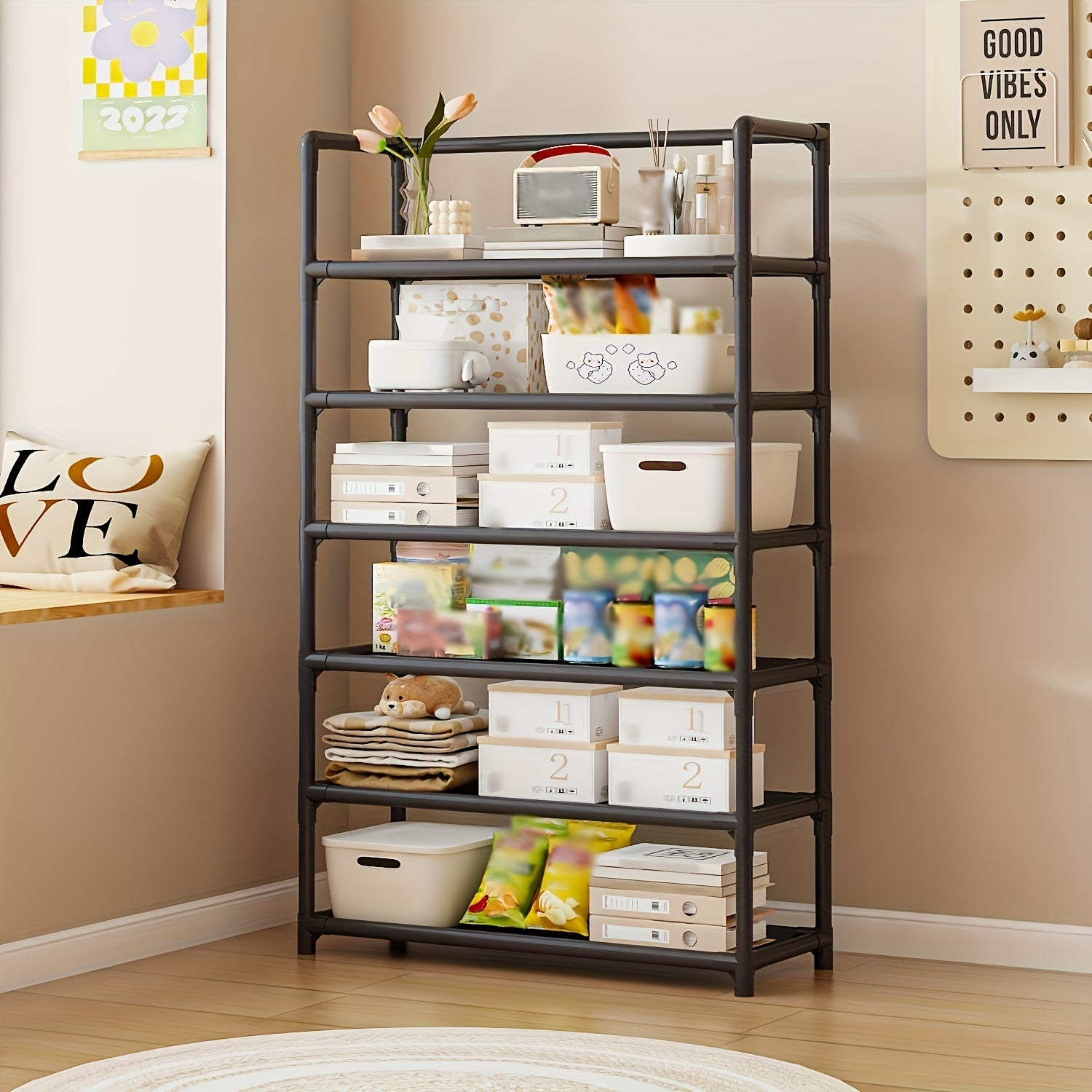 Modern 6-Tier Metal Storage Rack with Large Capacity and Paint Finish for Home Office