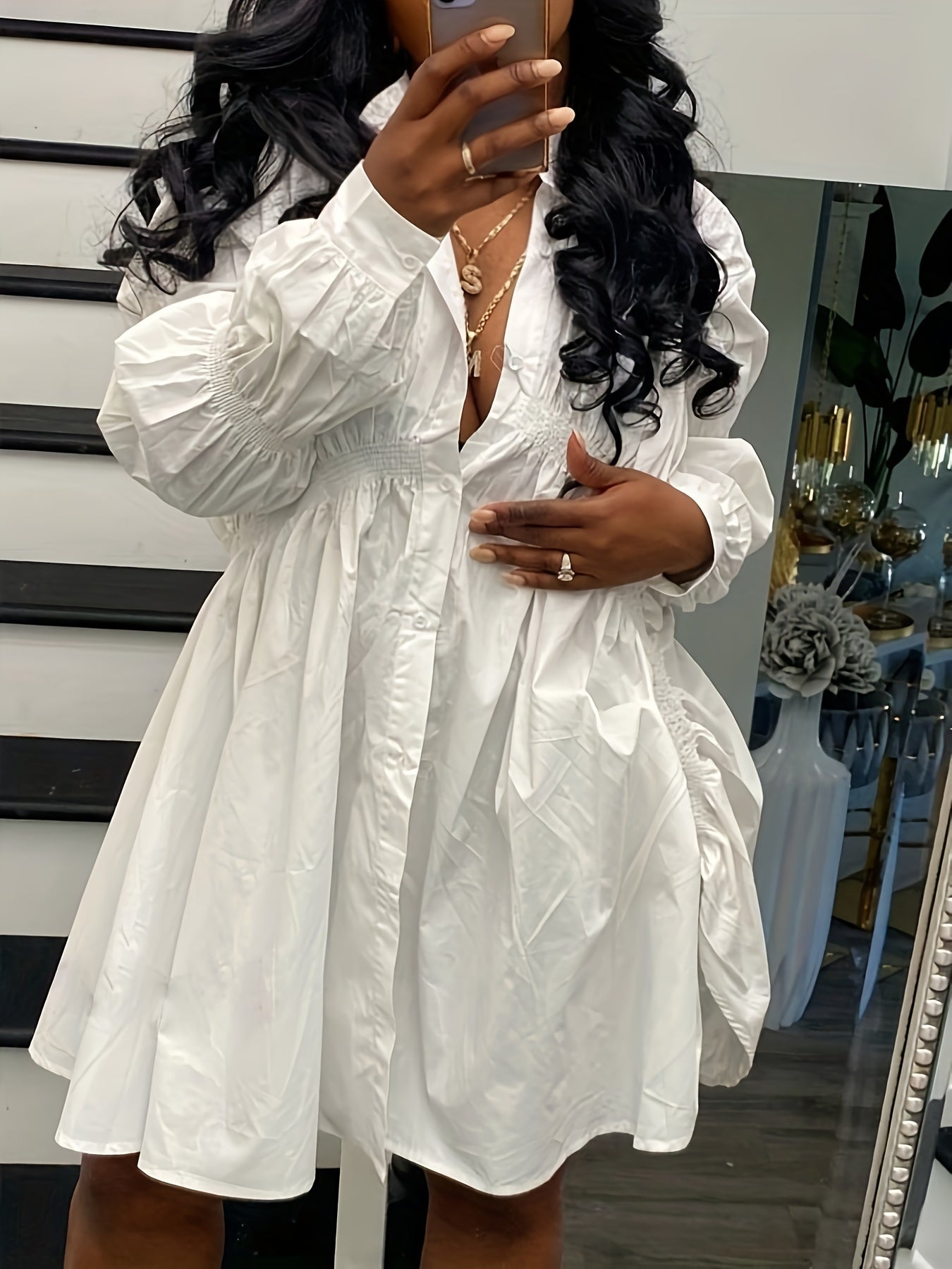 Plus Size Women's Casual Semi-Sheer Shirt Dress with Ruffled Sleeves