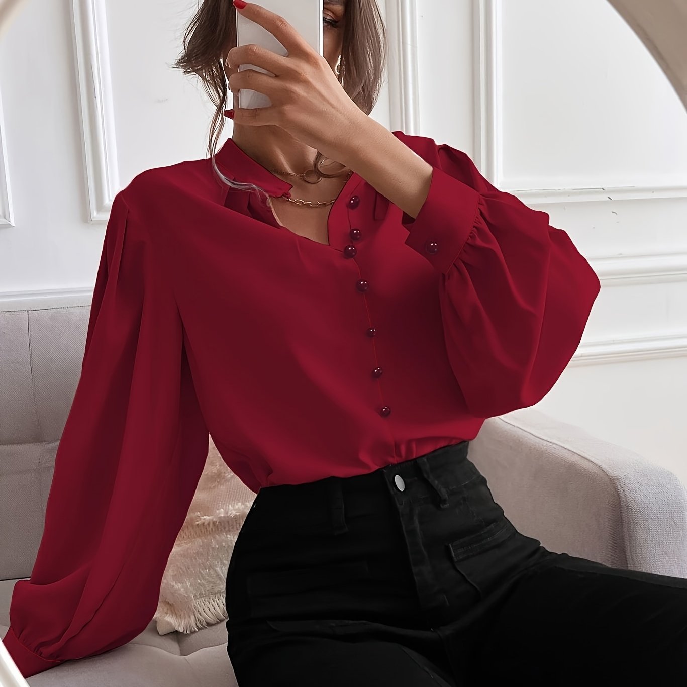 Women's Plus Size Woven Shirt Casual Short Sleeve Polyester Blue