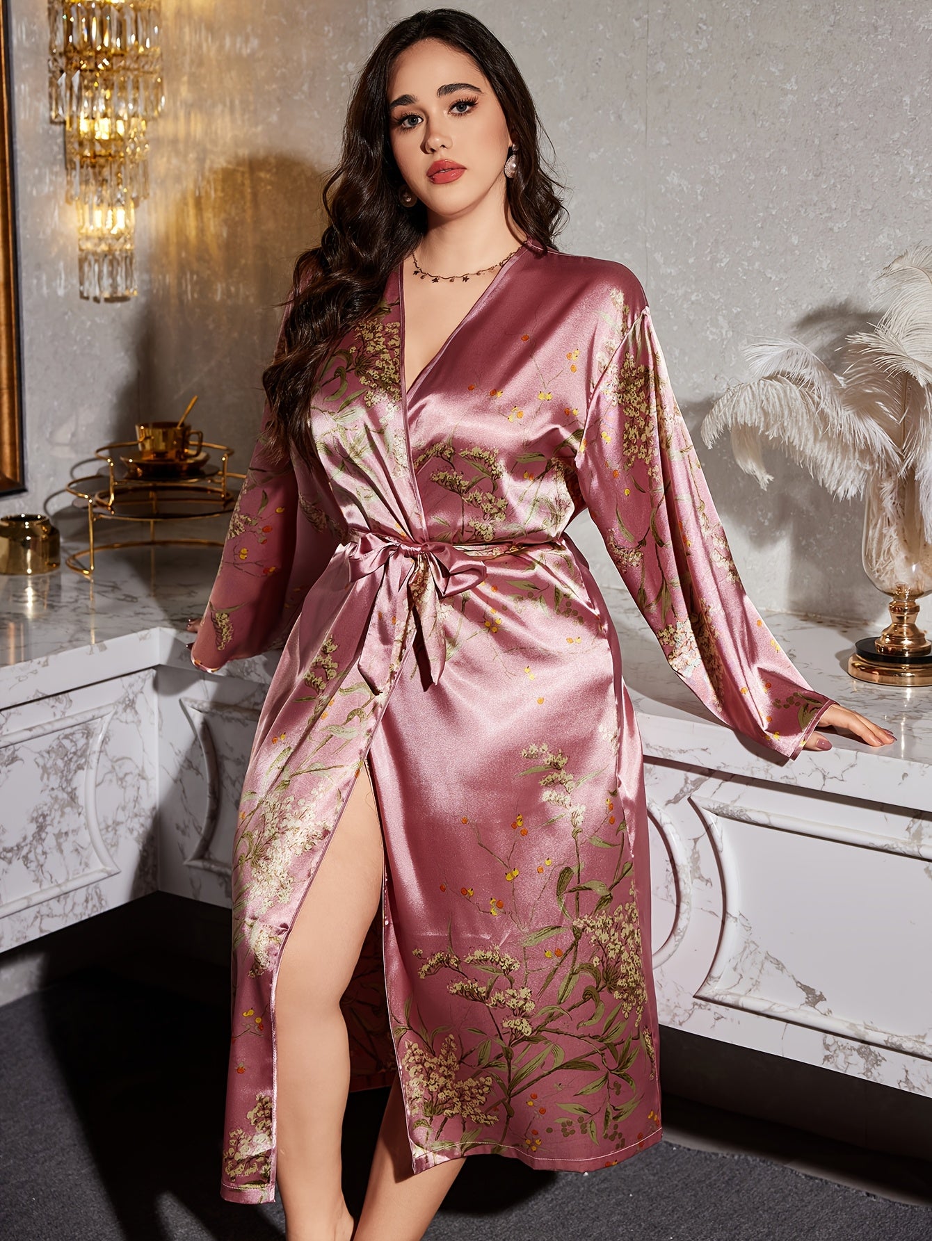 Plus Size Women Autumn Winter Cherry Print Sleepwear Bathrobe