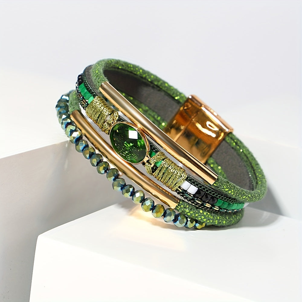 Multilayer Faux Leather Wrap Bracelet with Green Crystal Beads and Gold Accents for Women