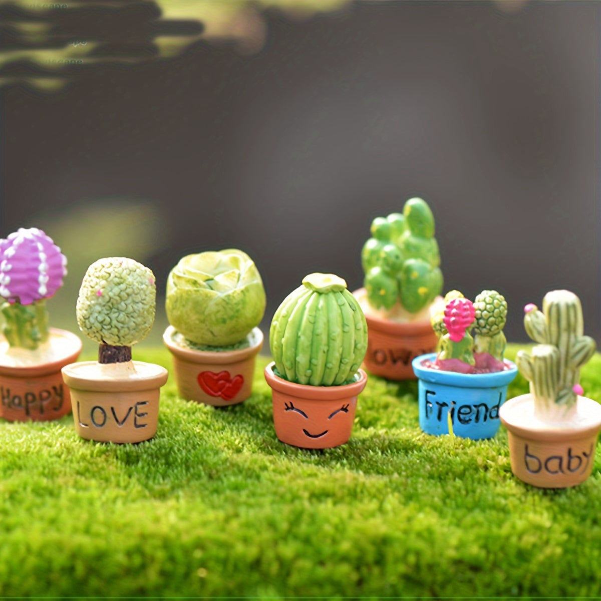 Conjunto de jardines de hadas con suculentas y cactus en miniatura con adornos de resina para pequeños paisajes y decoración