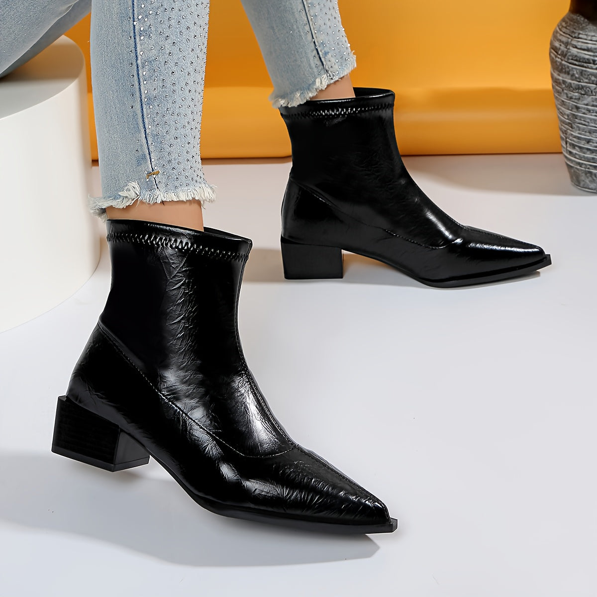 Women's Black Pointed Toe High Heel Boots Stylish Elegant