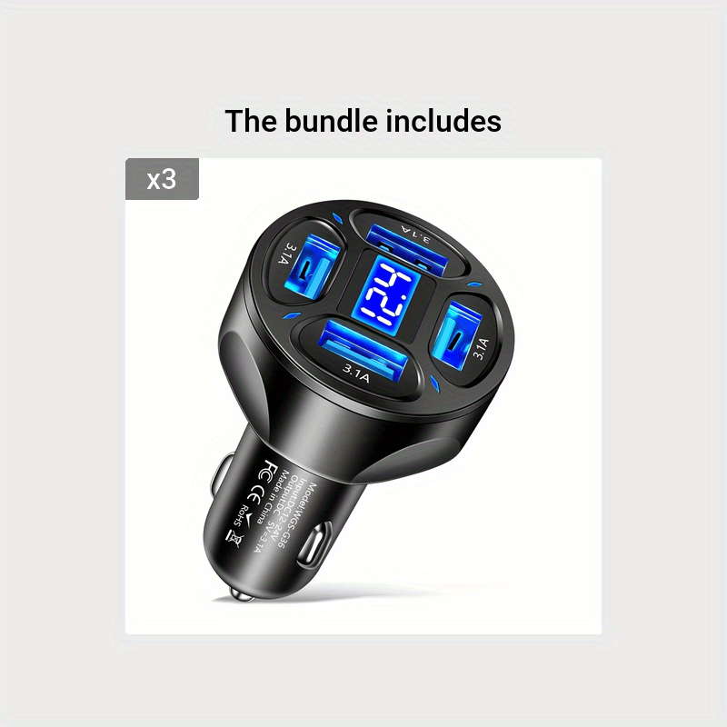 LED displeyli bardoshli ABS kichik qora/oq 4-portli USB avtomobil zaryadkasi
