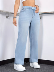 Jeans de mezclilla para mujer de pierna recta para todas las estaciones con cintura elástica de color sólido